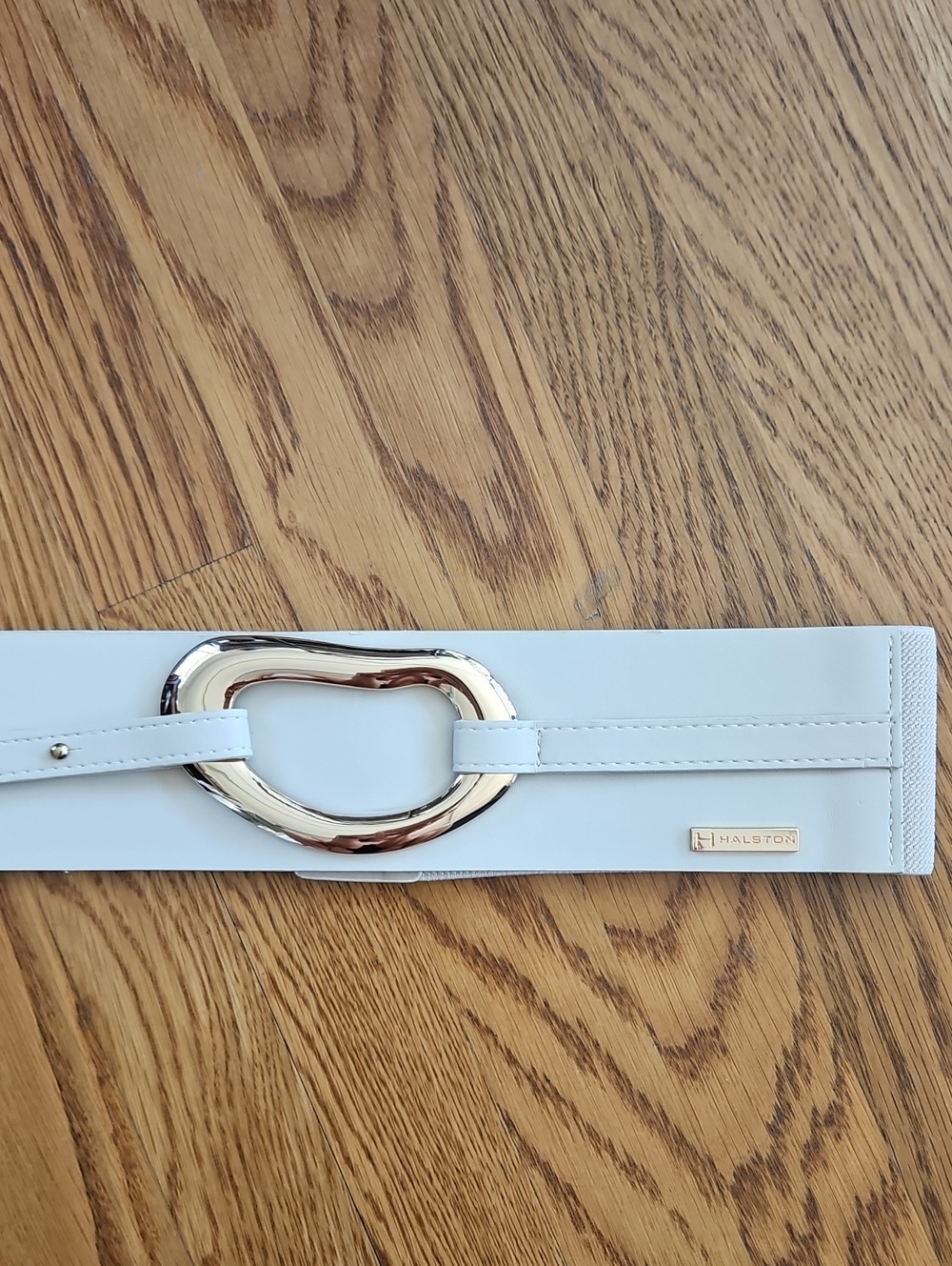 Halston Heritage Cream Wide Elastic Belt with Gold Buckle